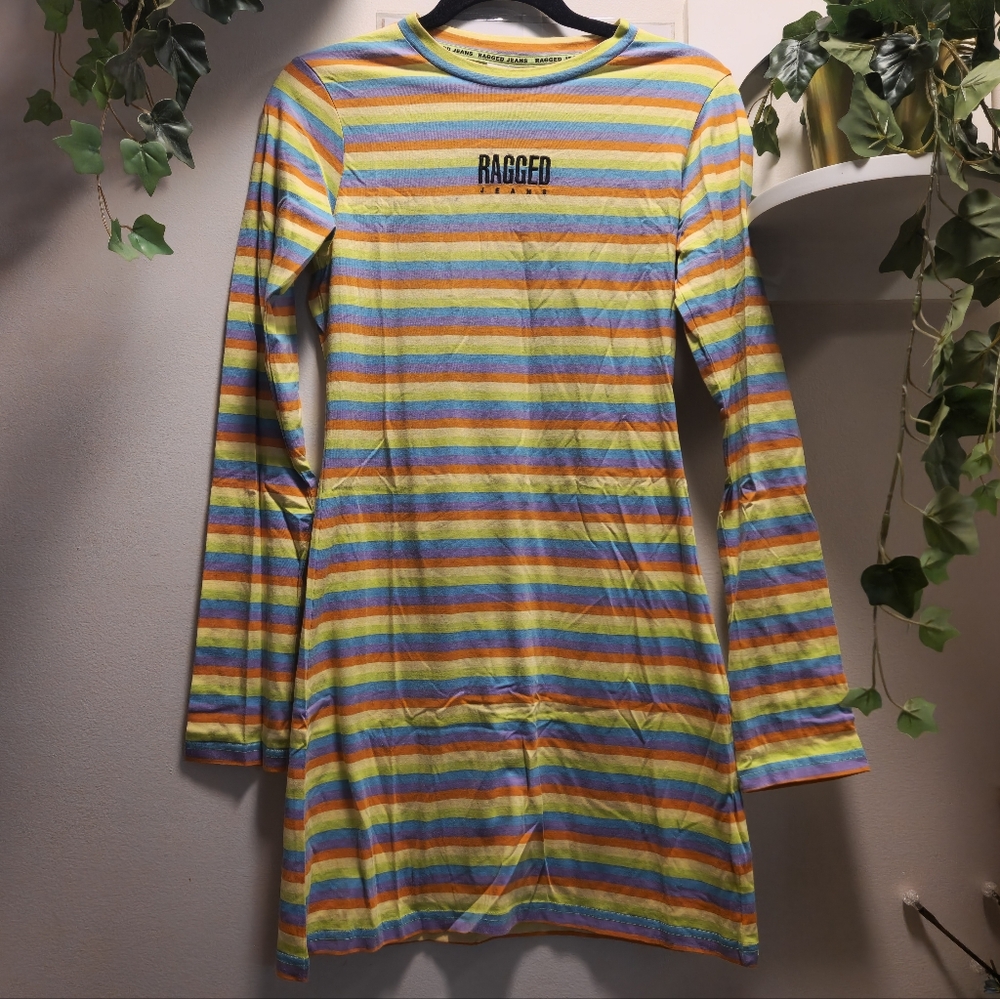 Ragged Rainbow Striped Long Sleeve Dress
